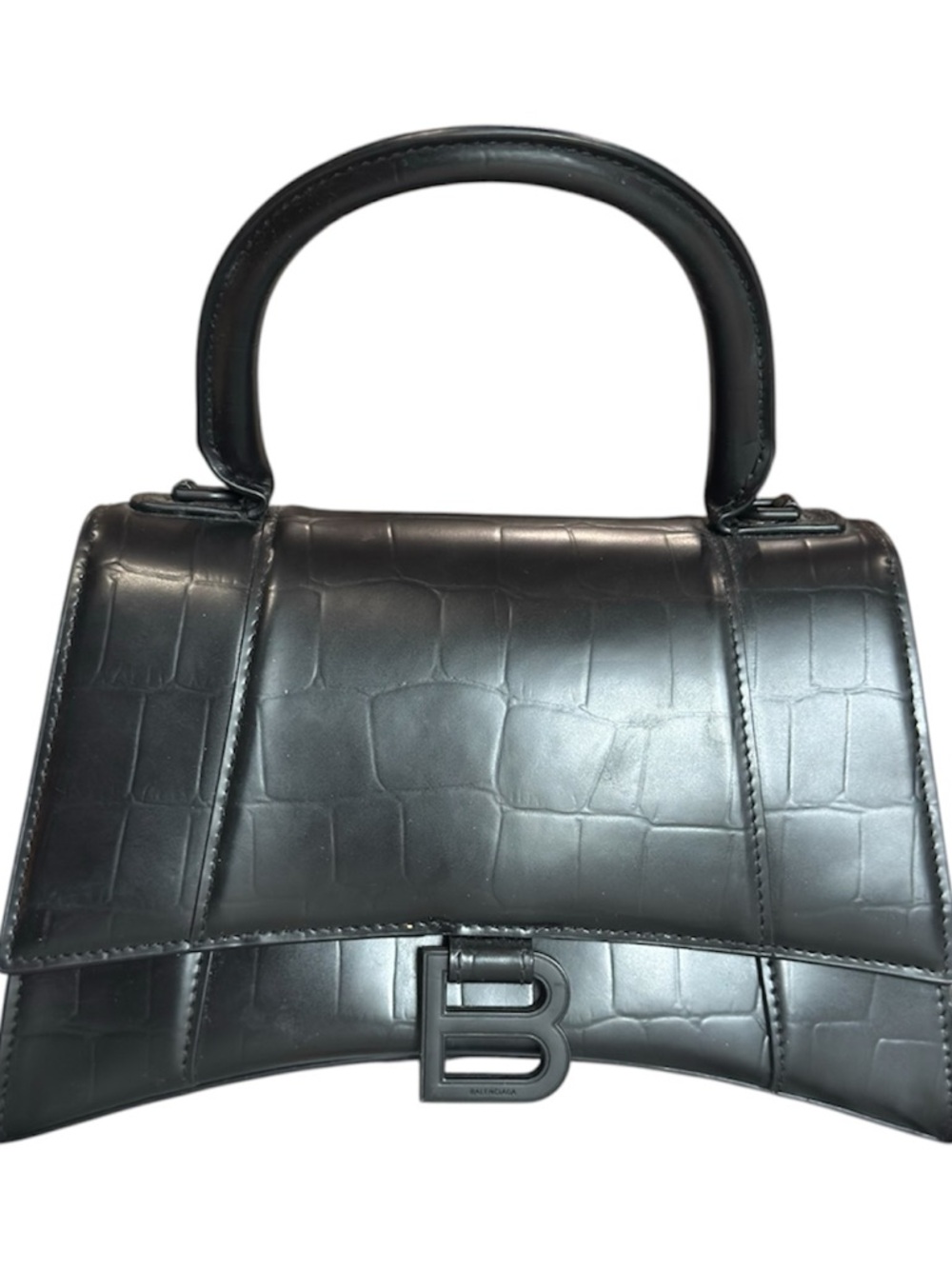 Designer Hourglass Small Top Handle Bag In Black Crocodile-Embossed Calfskin